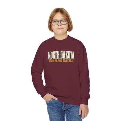 North Dakota Born and Raised Western Streetwear Unisex Youth Crewneck Sweatshirt Graphic
