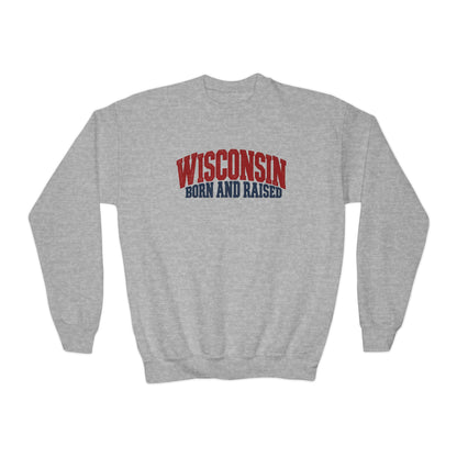 Wisconsin Born and Raised Vintage Americana Unisex Youth Crewneck Sweatshirt Graphic