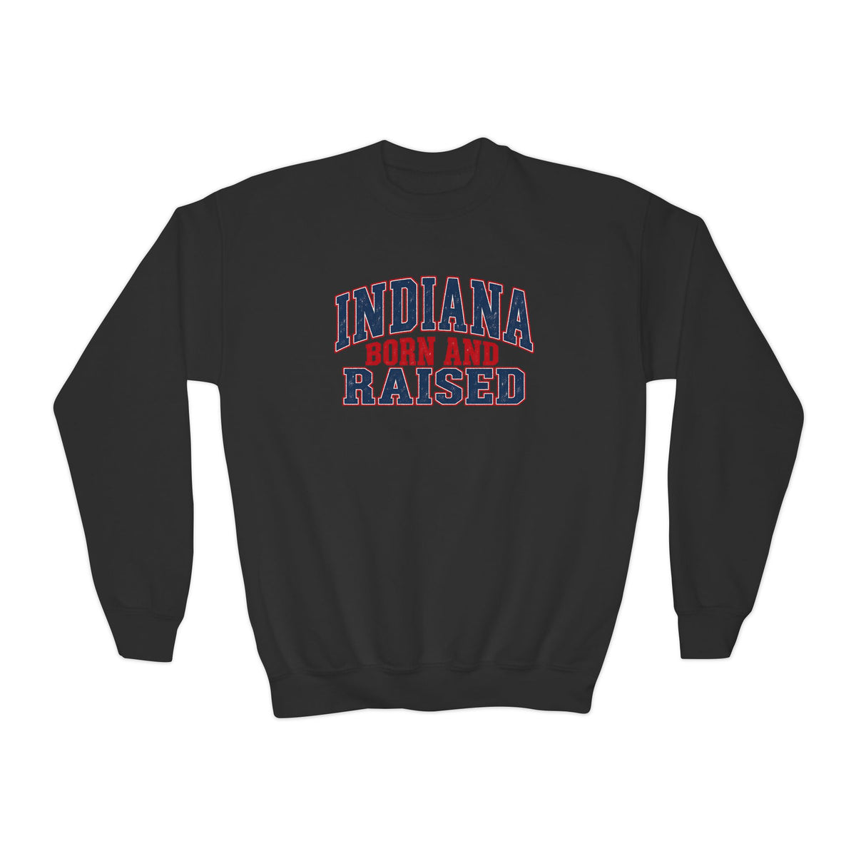 Indiana Born and Raised Bold Hometown Pride Unisex Youth Crewneck Sweatshirt Graphic