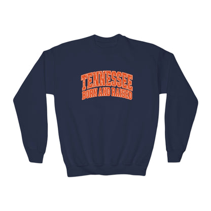 Tennessee Born and Raised Southern Collegiate Unisex Youth Crewneck Sweatshirt Graphic