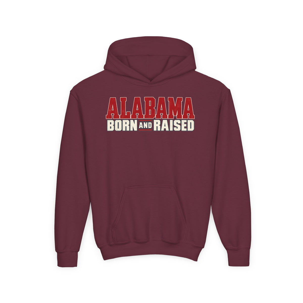 Alabama Born and Raised Premium Southern Streetwear Unisex Youth Heavy Blend Hooded Sweatshirt Graphic