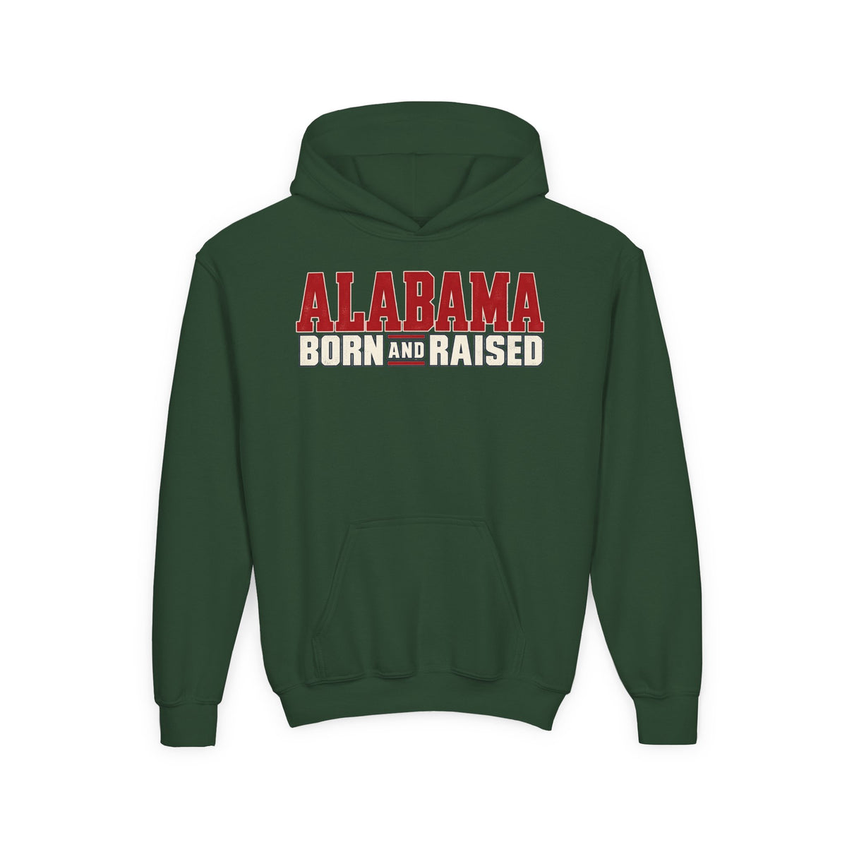 Alabama Born and Raised Premium Southern Streetwear Unisex Youth Heavy Blend Hooded Sweatshirt Graphic