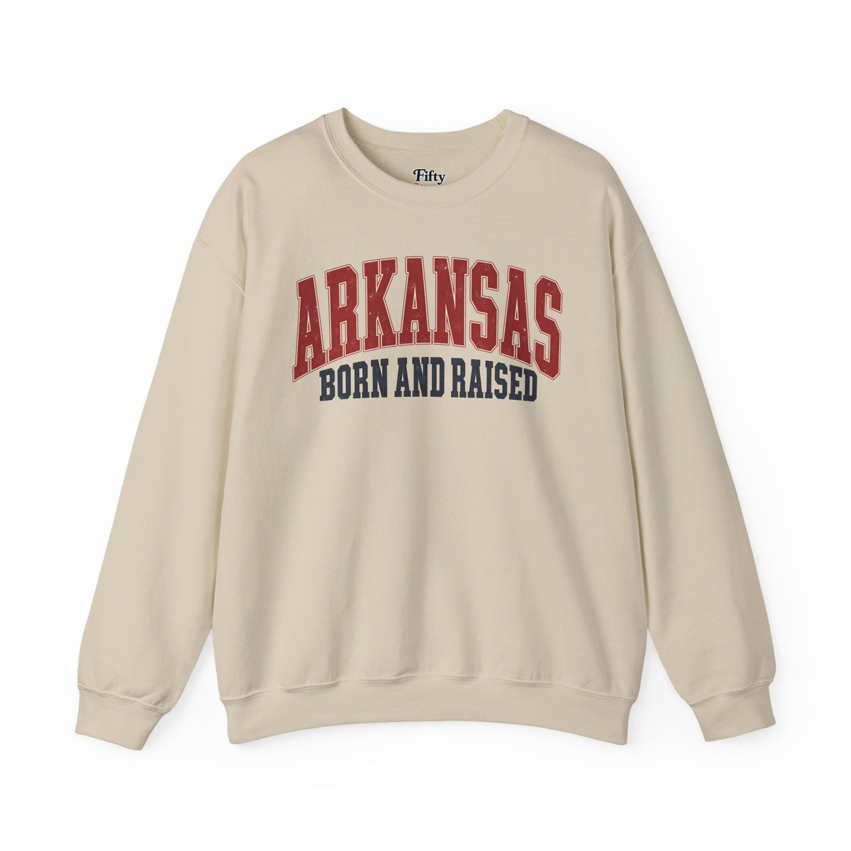 Arkansas Born and Raised Unisex Crewneck Sweatshirt State Name Graphic