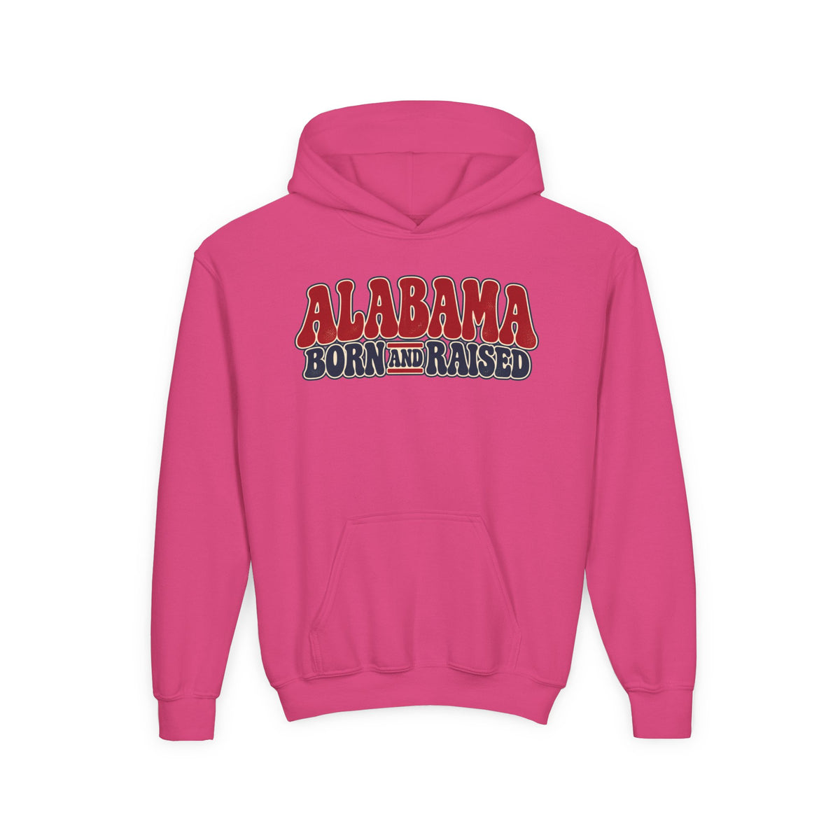 Alabama Born and Raised Retro 1970s Americana Unisex Youth Heavy Blend Hooded Sweatshirt Graphic