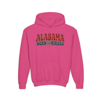 Alabama Born and Raised Retro 1970s Americana Unisex Youth Heavy Blend Hooded Sweatshirt Graphic