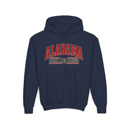 Alabama Born and Raised Bold Southern Americana Unisex Youth Heavy Blend Hooded Sweatshirt Graphic