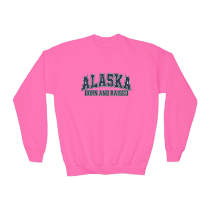 Alaska Born and Raised Classic Collegiate Unisex Youth Crewneck Sweatshirt Graphic