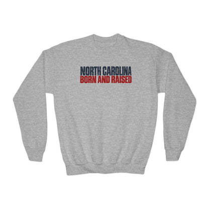 North Carolina Born and Raised Southern Streetwear Unisex Youth Crewneck Sweatshirt Graphic