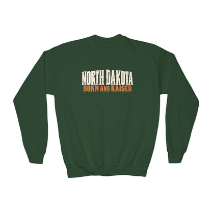 North Dakota Born and Raised Western Streetwear Unisex Youth Crewneck Sweatshirt Graphic