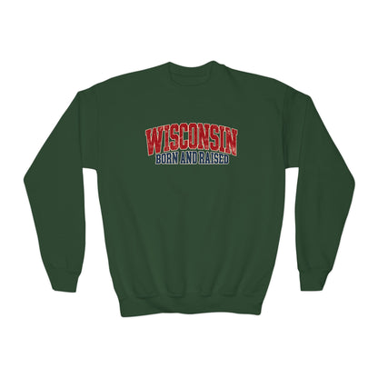 Wisconsin Born and Raised Midwest Heritage Unisex Youth Crewneck Sweatshirt Graphic