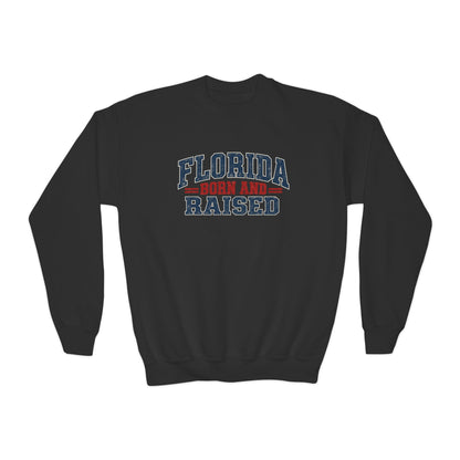 Florida Born and Raised Rustic Americana Unisex Youth Crewneck Sweatshirt Graphic