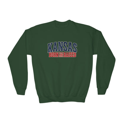 Kansas Born and Raised Western Heritage Unisex Youth Crewneck Sweatshirt Graphic