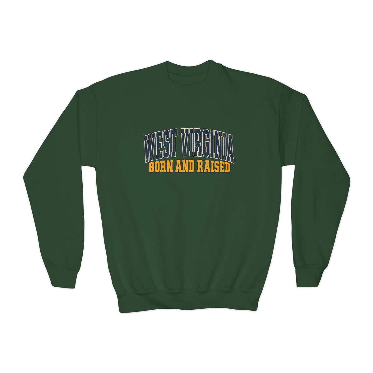 West Virginia Born and Raised Vintage Americana Unisex Youth Crewneck Sweatshirt Graphic