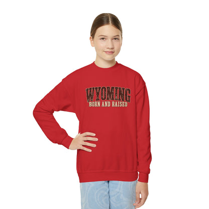 Wyoming Born and Raised Vintage Western Americana Unisex Youth Crewneck Sweatshirt Graphic