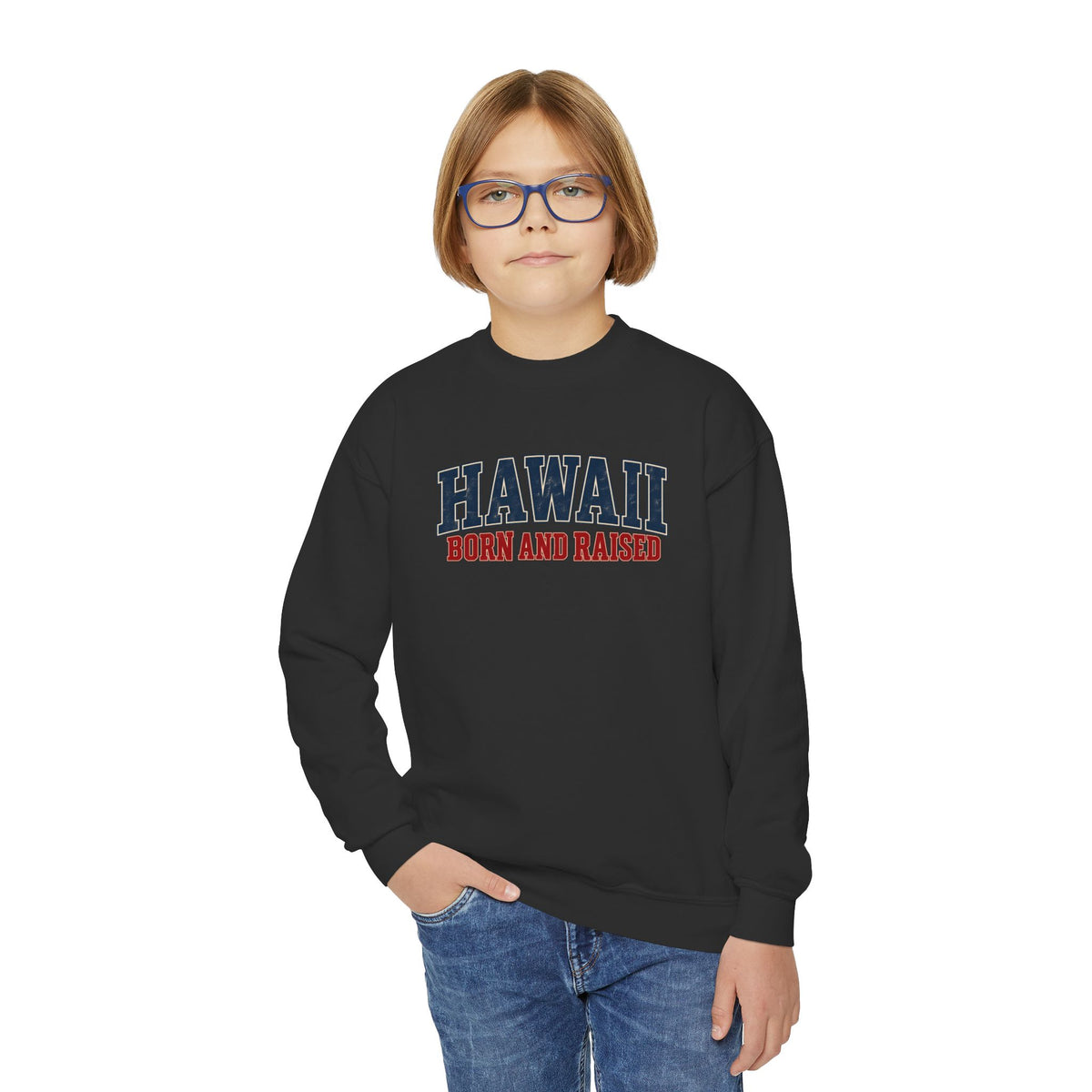 Hawaii Born and Raised Classic Heritage Unisex Youth Crewneck Sweatshirt Graphic
