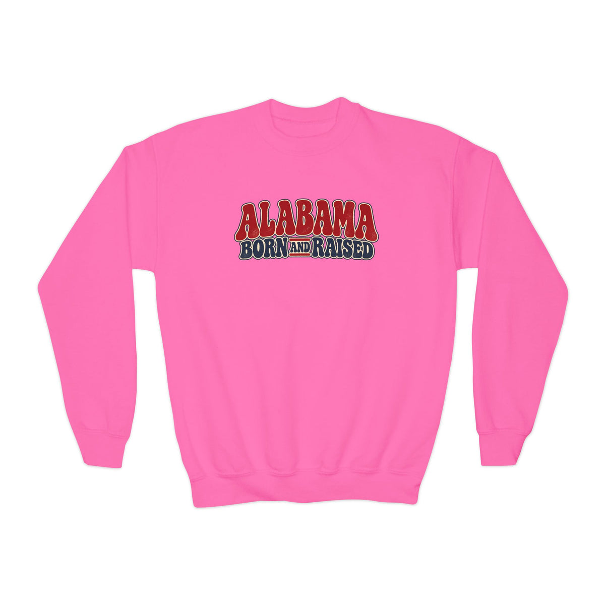 Alabama Born and Raised Retro 1970s Americana Unisex Youth Crewneck Sweatshirt Graphic