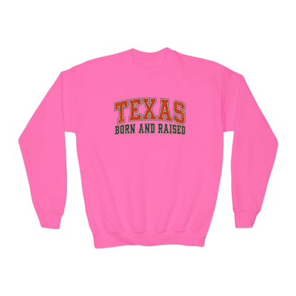 Texas Born and Raised Collegiate Unisex Youth Crewneck Sweatshirt Graphic
