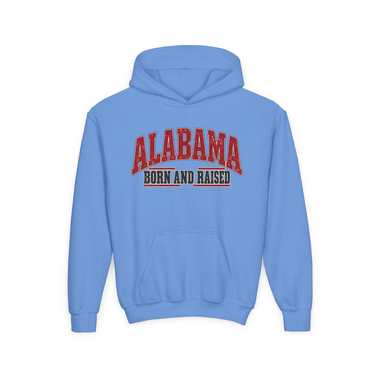 Alabama Born and Raised Bold Southern Americana Unisex Youth Heavy Blend Hooded Sweatshirt Graphic