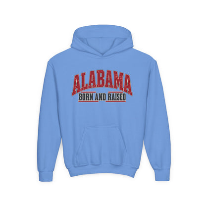 Alabama Born and Raised Bold Southern Americana Unisex Youth Heavy Blend Hooded Sweatshirt Graphic