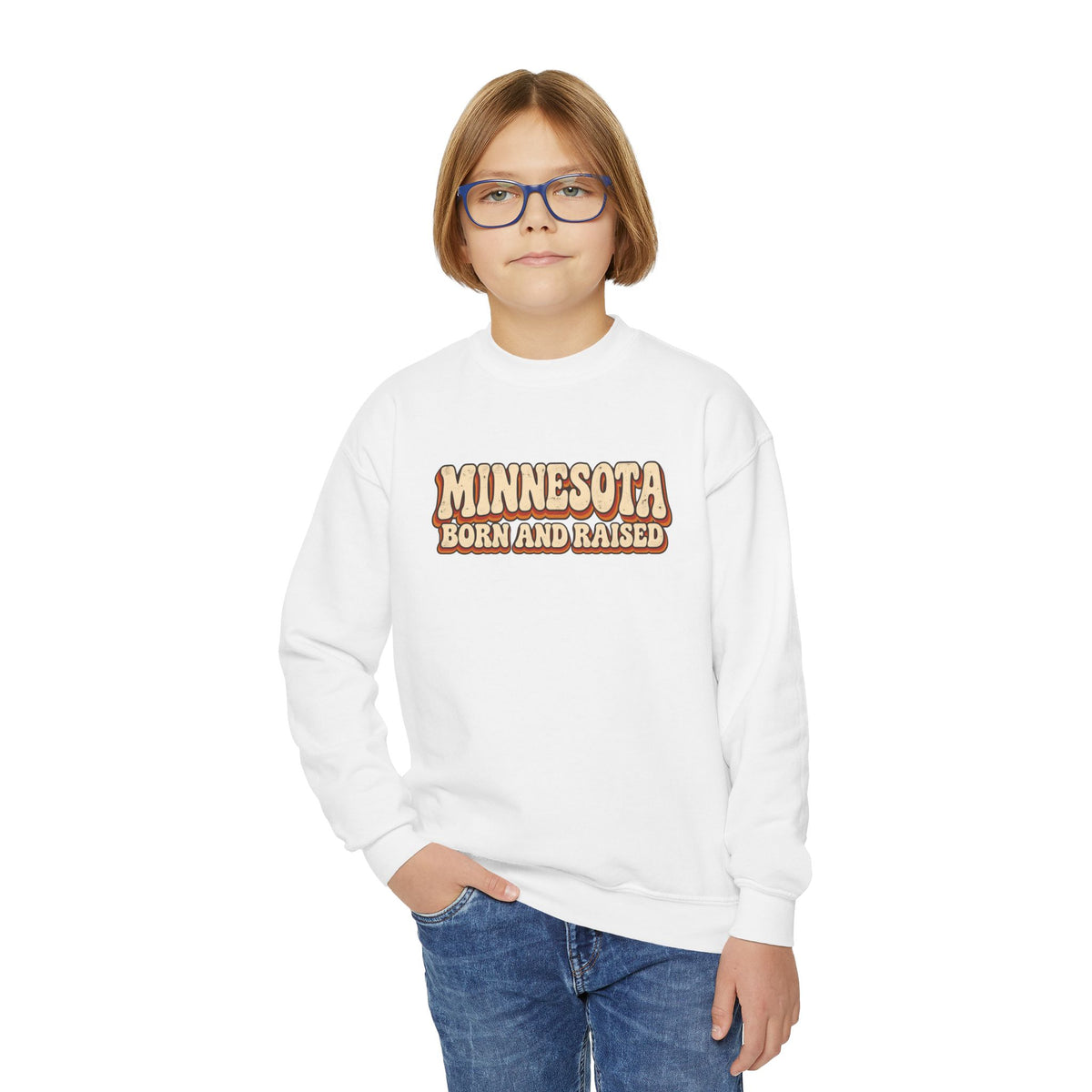 Minnesota Born and Raised Retro 1970s Unisex Youth Crewneck Sweatshirt Graphic