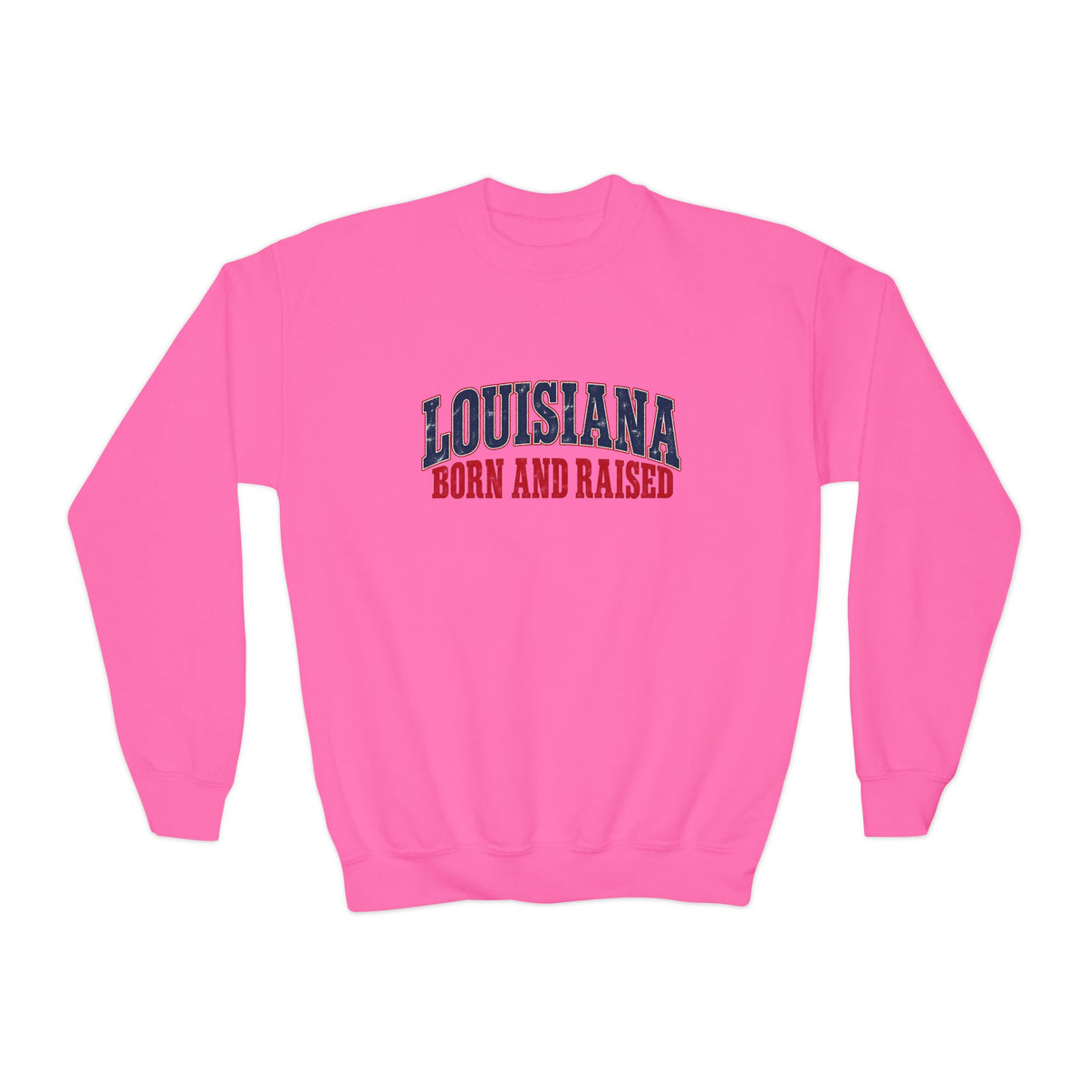 Louisiana Born and Raised Gulf South Heritage Unisex Youth Crewneck Sweatshirt Graphic