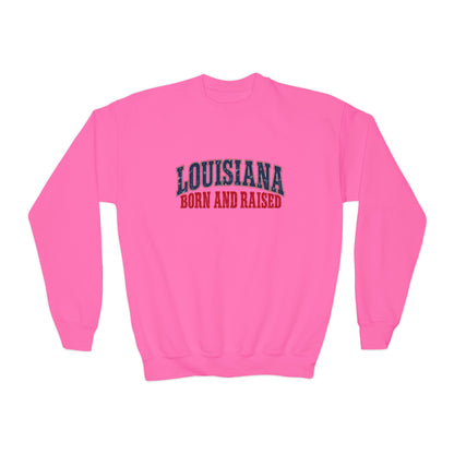 Louisiana Born and Raised Gulf South Heritage Unisex Youth Crewneck Sweatshirt Graphic