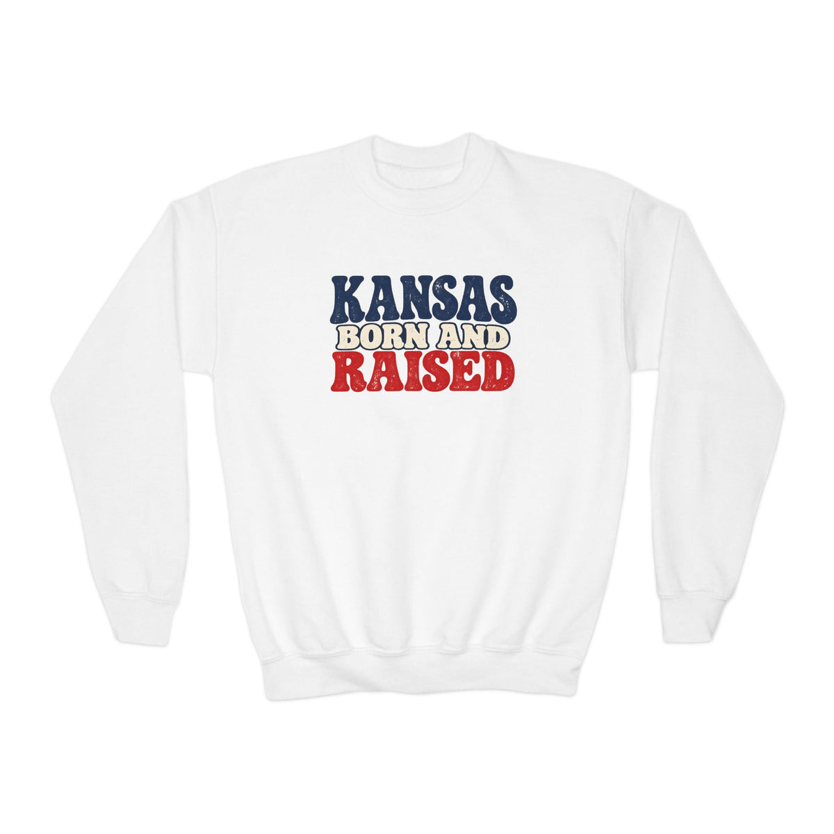 Kansas Born and Raised Retro 1970s Unisex Youth Crewneck Sweatshirt Graphic
