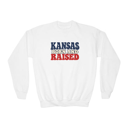 Kansas Born and Raised Retro 1970s Unisex Youth Crewneck Sweatshirt Graphic