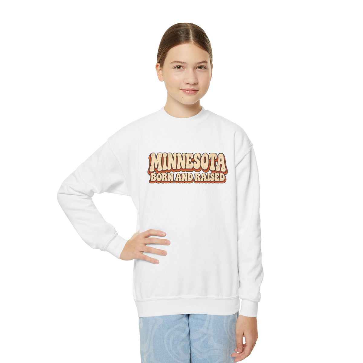 Minnesota Born and Raised Retro 1970s Unisex Youth Crewneck Sweatshirt Graphic