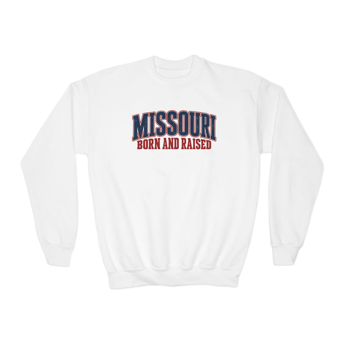 Missouri Born and Raised Vintage Americana Unisex Youth Crewneck Sweatshirt Graphic