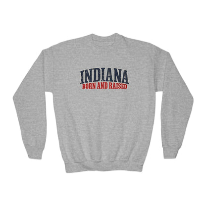 Indiana Born and Raised Midwest Americana Unisex Youth Crewneck Sweatshirt Unisex Graphic