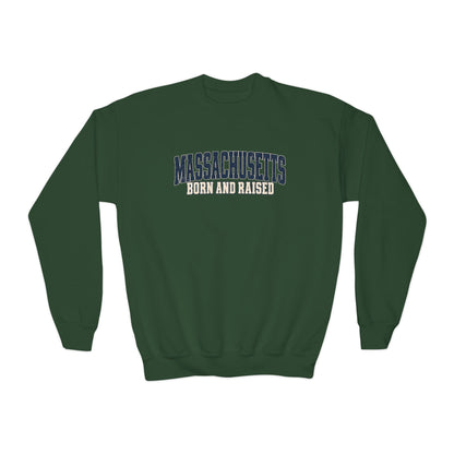 Massachusetts Born and Raised Rugged Heritage Unisex Youth Crewneck Sweatshirt