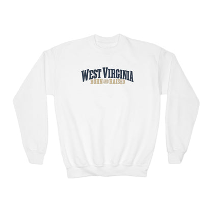 West Virginia Born and Raised Southern Heritage Unisex Youth Crewneck Sweatshirt Graphic