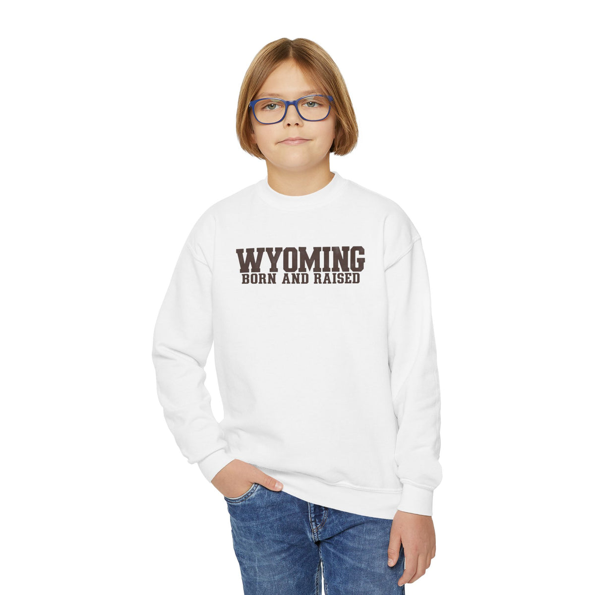 Wyoming Born and Raised Minimal Western Unisex Youth Crewneck Sweatshirt Graphic