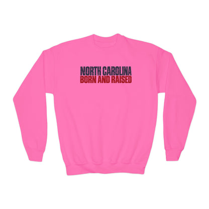 North Carolina Born and Raised Southern Streetwear Unisex Youth Crewneck Sweatshirt Graphic