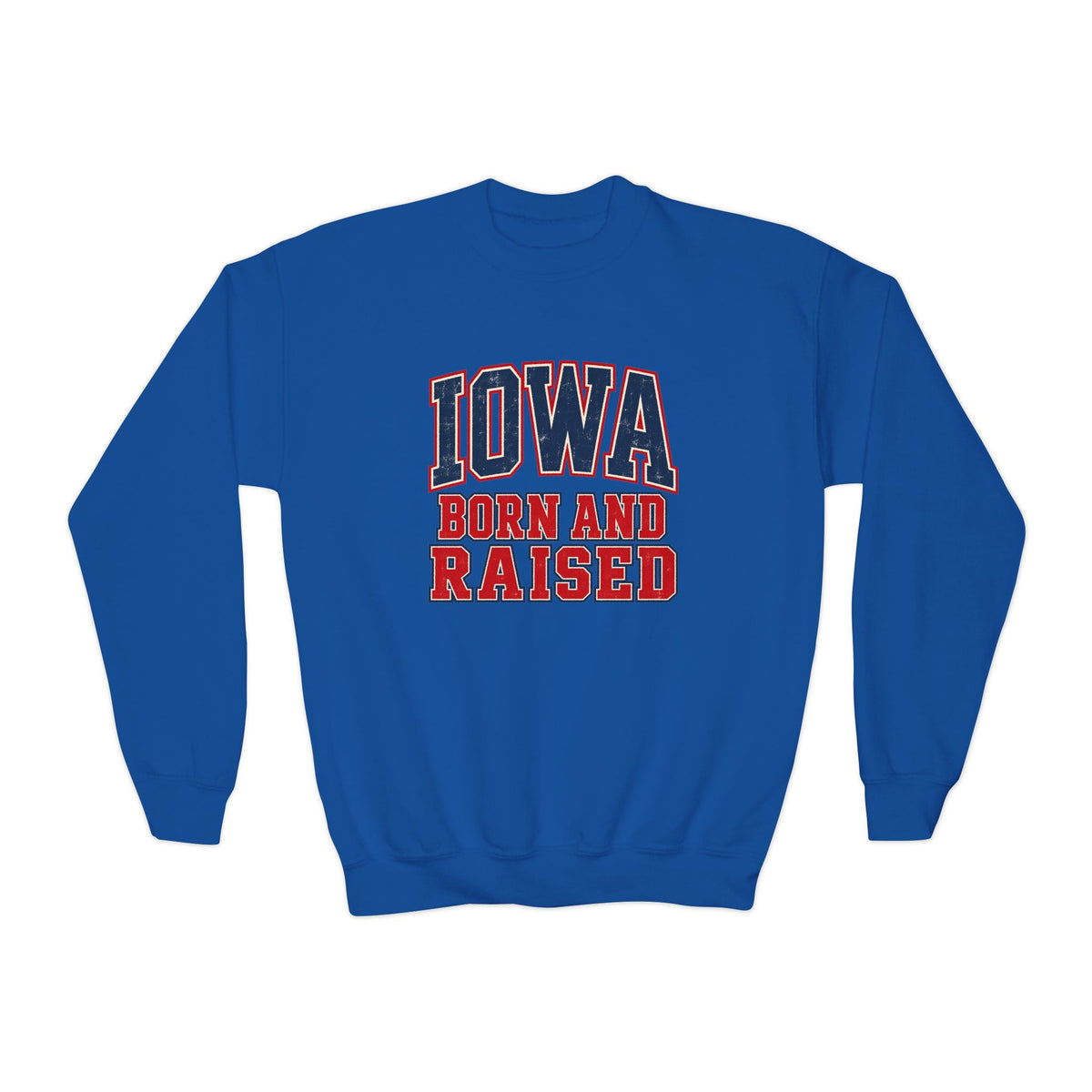 Iowa Born and Raised Vintage Collegiate Unisex Youth Crewneck Sweatshirt Graphic