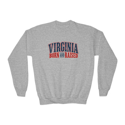 Virginia Born and Raised Classic Americana Badge Unisex Youth Crewneck Sweatshirt Graphic