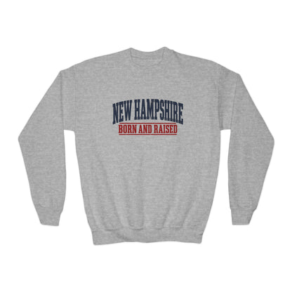 New Hampshire Born and Raised Rugged New England Unisex Youth Crewneck Sweatshirt