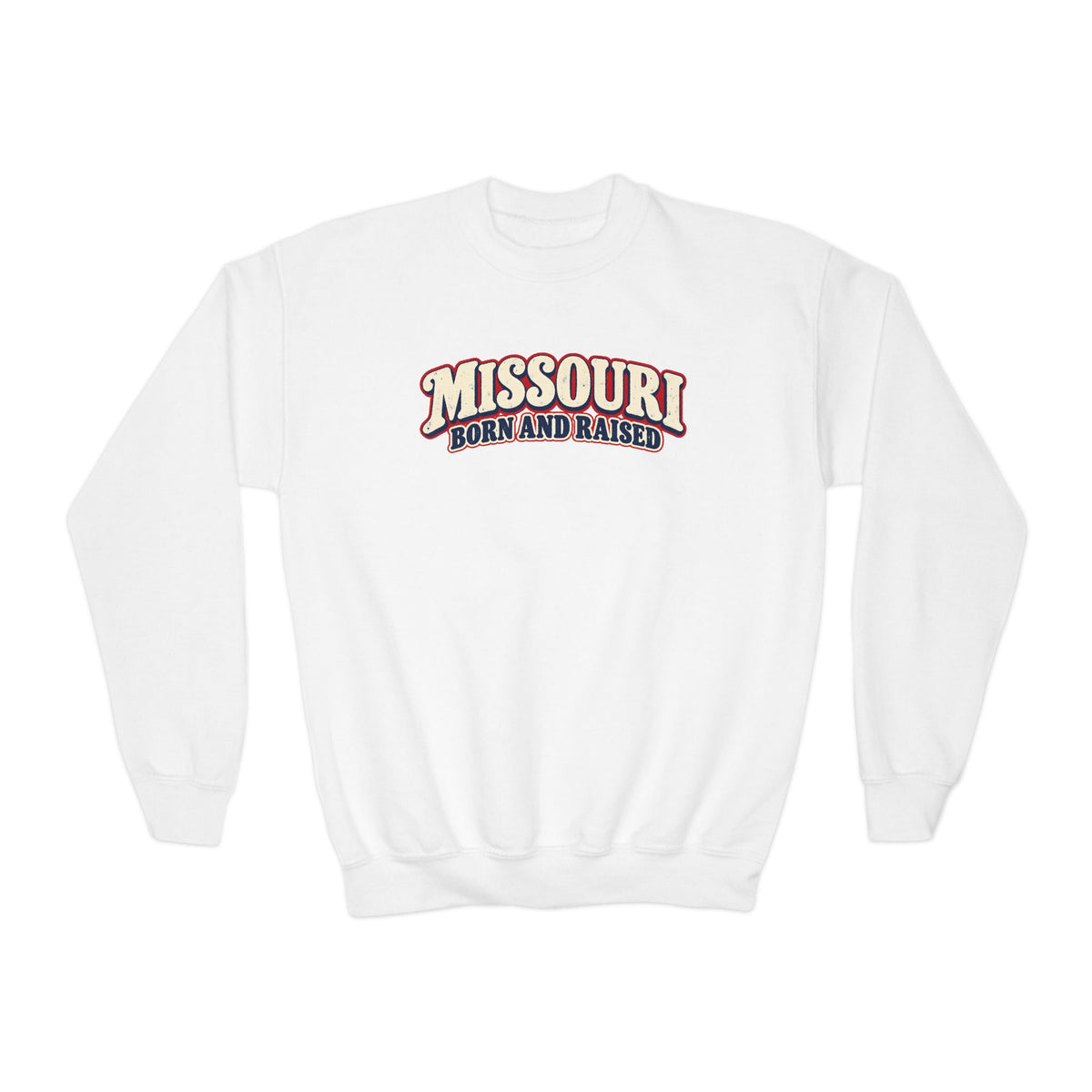 Missouri Born and Raised Retro 1970s Unisex Youth Crewneck Sweatshirt Graphic