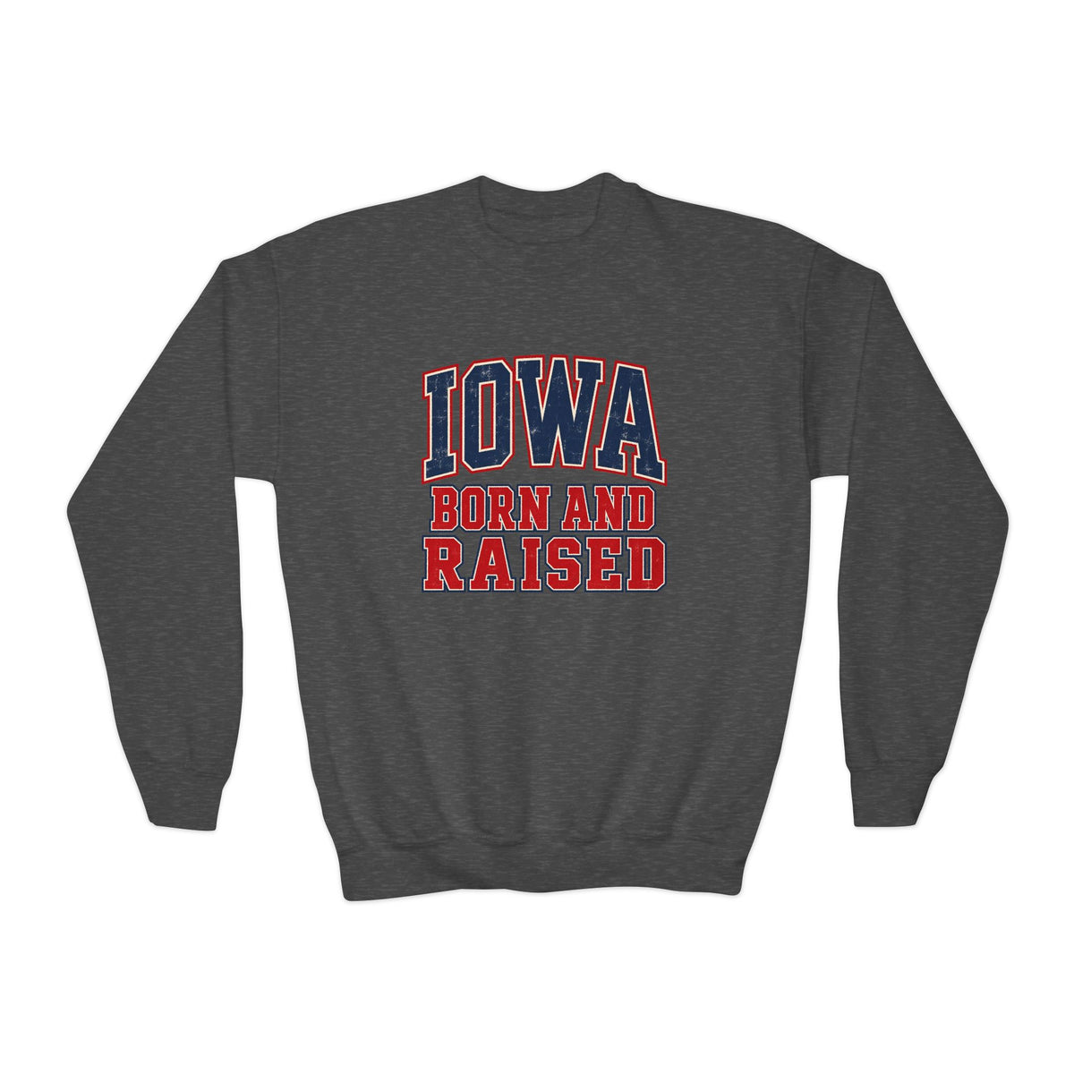 Iowa Born and Raised Vintage Collegiate Unisex Youth Crewneck Sweatshirt Graphic
