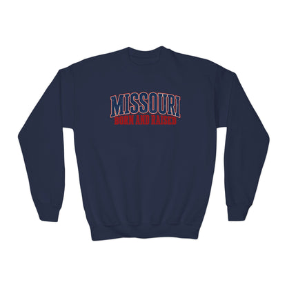 Missouri Born and Raised Vintage Americana Unisex Youth Crewneck Sweatshirt Graphic