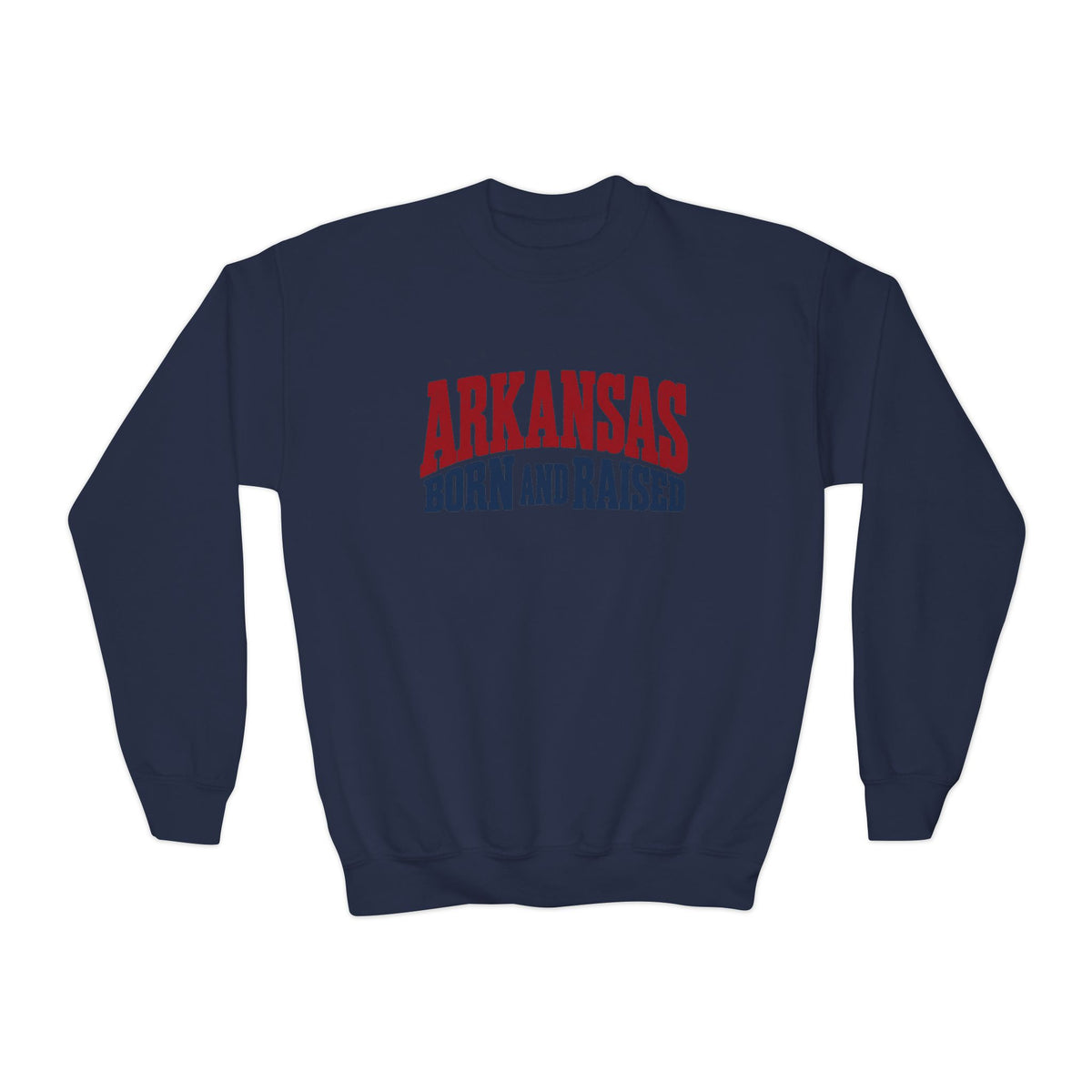 Arkansas Born and Raised Bold Vintage State Pride Unisex Youth Crewneck Sweatshirt Graphic