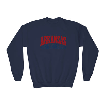 Arkansas Born and Raised Bold Vintage State Pride Unisex Youth Crewneck Sweatshirt Graphic
