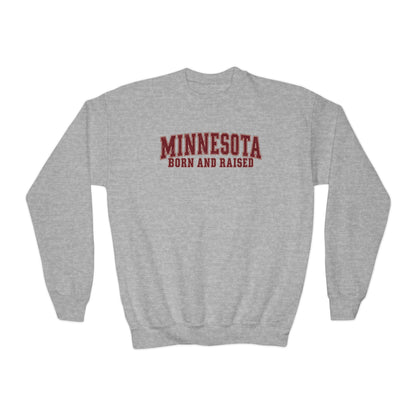 Minnesota Born and Raised Vintage Collegiate Unisex Youth Crewneck Sweatshirt Graphic