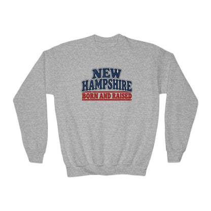 New Hampshire Born and Raised Retro 1970s New England Unisex Youth Crewneck Sweatshirt Graphic