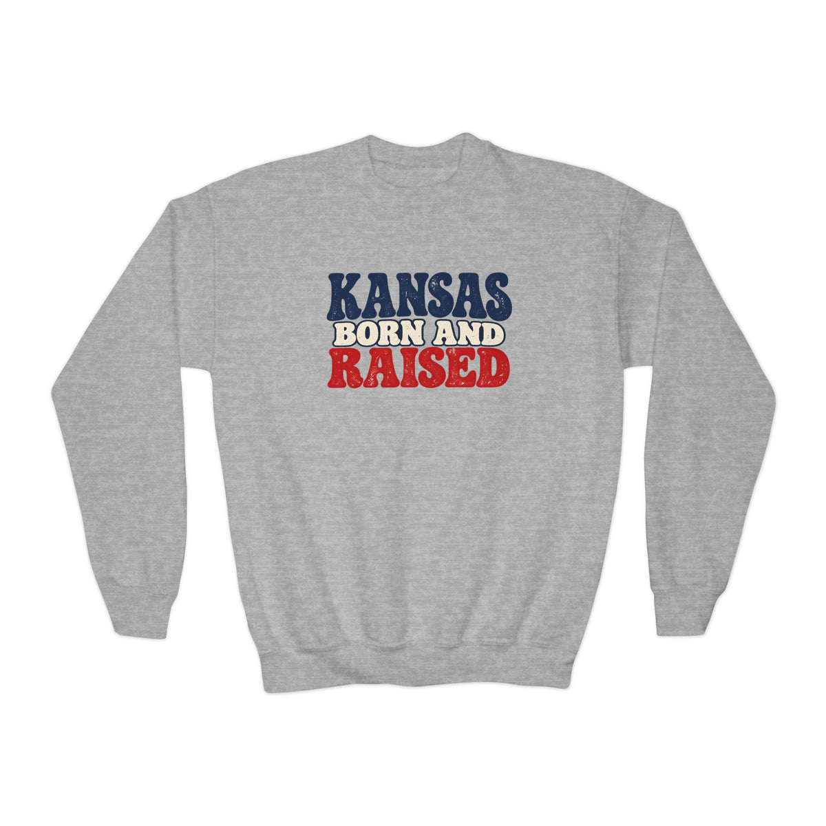 Kansas Born and Raised Retro 1970s Unisex Youth Crewneck Sweatshirt Graphic