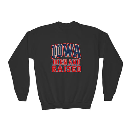 Iowa Born and Raised Vintage Collegiate Unisex Youth Crewneck Sweatshirt Graphic