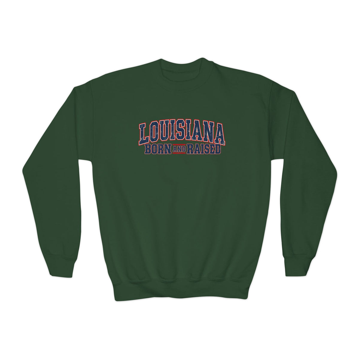 Louisiana Born and Raised Vintage Americana Unisex Youth Crewneck Sweatshirt Graphic