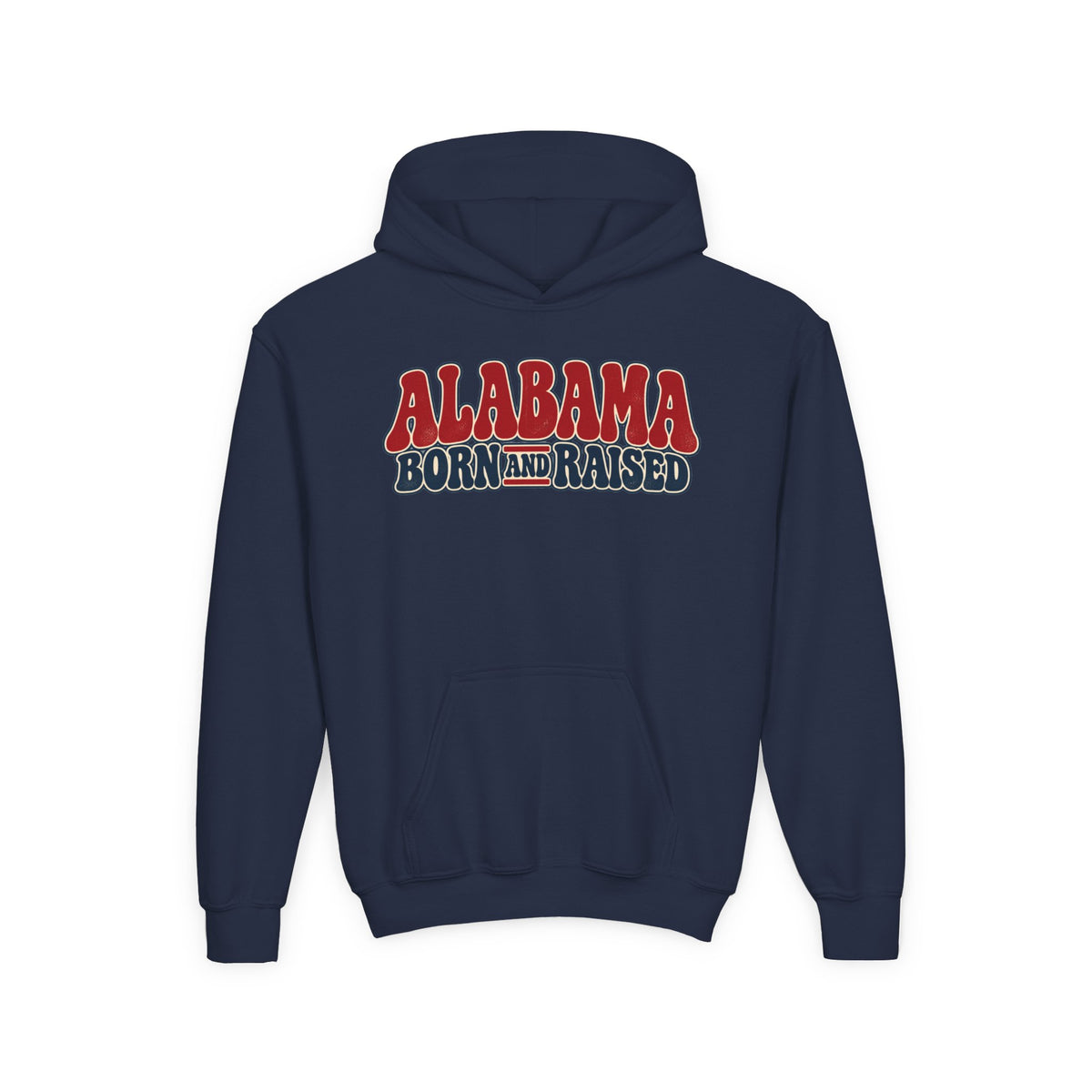 Alabama Born and Raised Retro 1970s Americana Unisex Youth Heavy Blend Hooded Sweatshirt Graphic