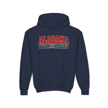Alabama Born and Raised Retro 1970s Americana Unisex Youth Heavy Blend Hooded Sweatshirt Graphic